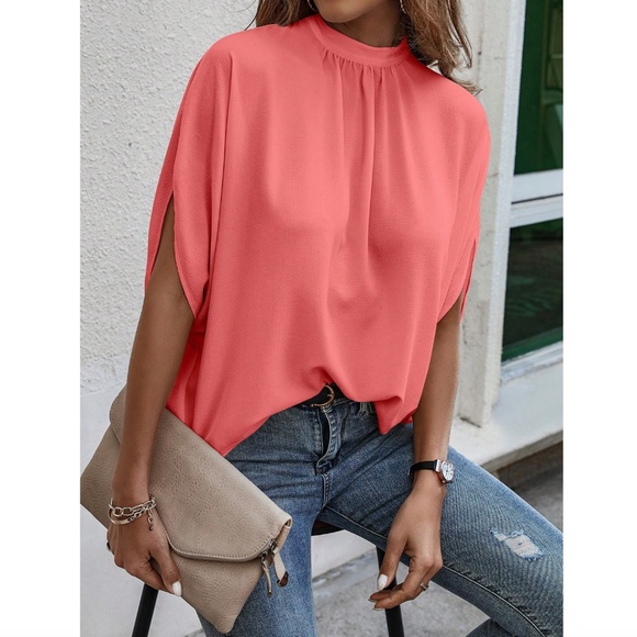 Coral Blouse Top Flowy, High Neck - Picture 5 of 13